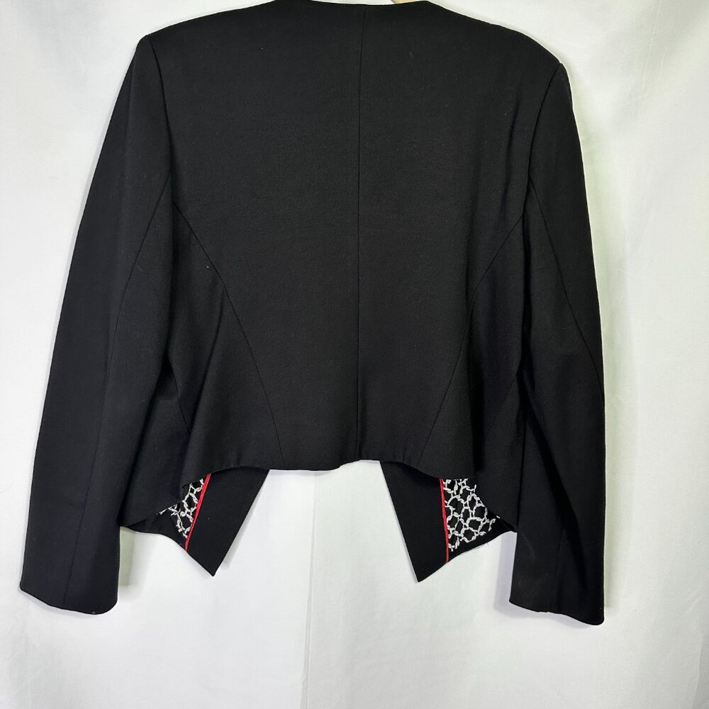 Black Cropped Open Front Blazer Pattern Lining Officecore Quiet Luxury 80's - Picture 2 of 7